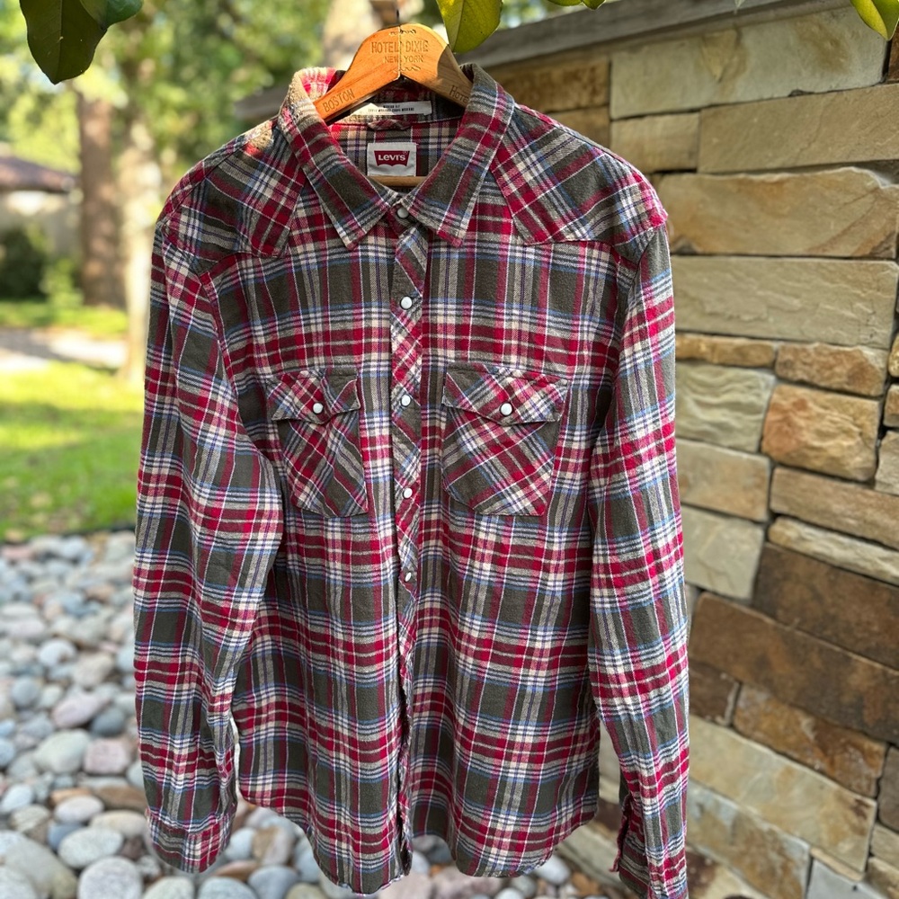 Vintage Levi's Red Tag Plaid Cotton Flannel Western Shirt Pearl Snaps Size XXL